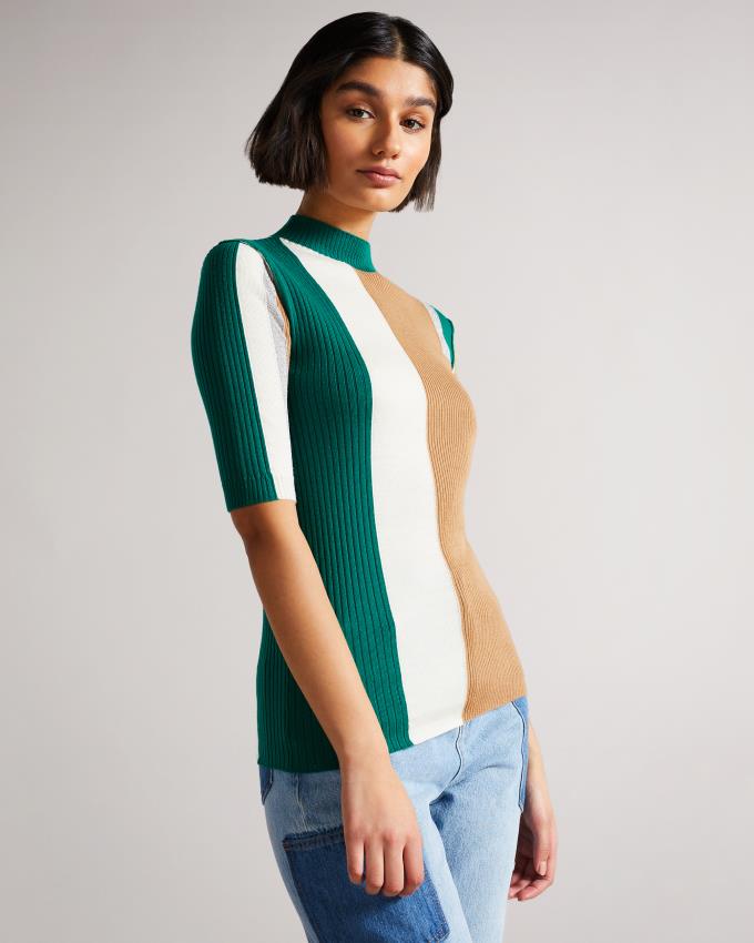 Pull Ted Baker MIB Striped Knit Fitted Vert Femme | EOO-19050998